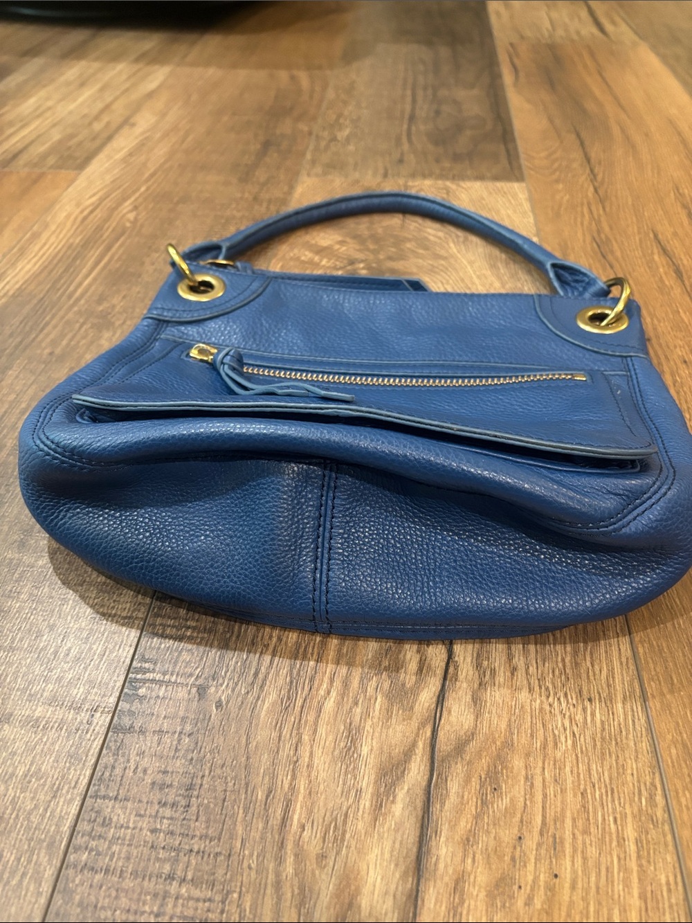 Fossil Blue Pebbled Leather Zippered Shoulder Bag Gold Hardware - Picture 9 of 13